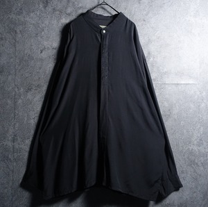 Black Ornament Motif Embroidered Design Band Collar Shirt