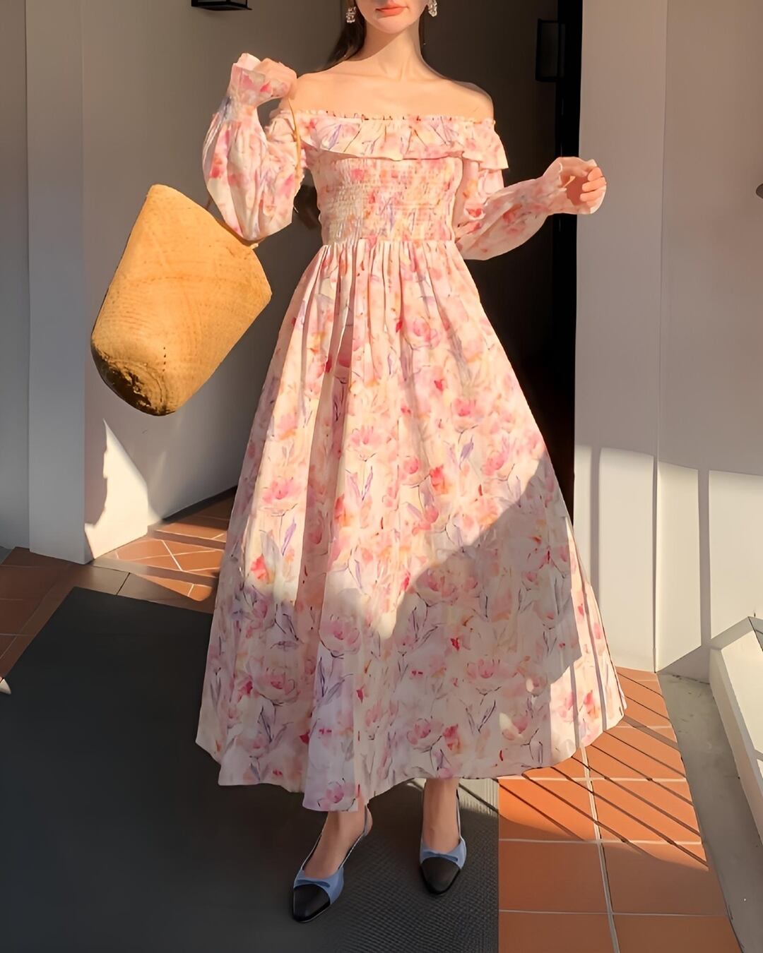 オープンショルダーフローラルギャザーワンピース 2502024