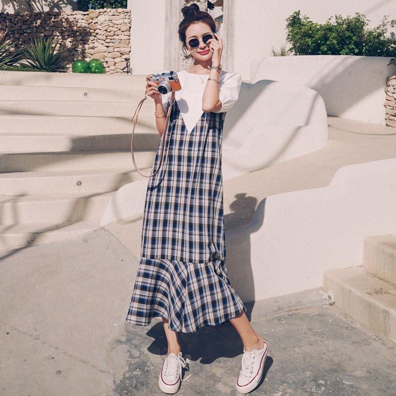 送料無料 ワンピース 半袖 ドッキングワンピース ロングワンピース ミモレ丈 ロング丈 Aライン チェック柄 お洒落 こなれ感 ガーリー レトロ フェミニン 可愛い カジュアル 春夏 デート 女子会 モテコーデ デイリー 着まわし リゾート お出かけ 旅行 Eine Katze