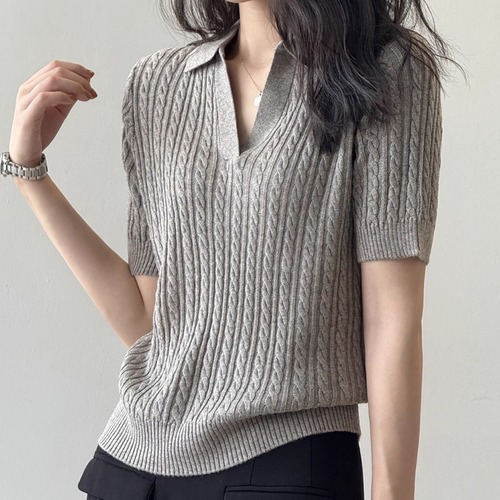 3色／ケーブルポロニットトップス ・19623