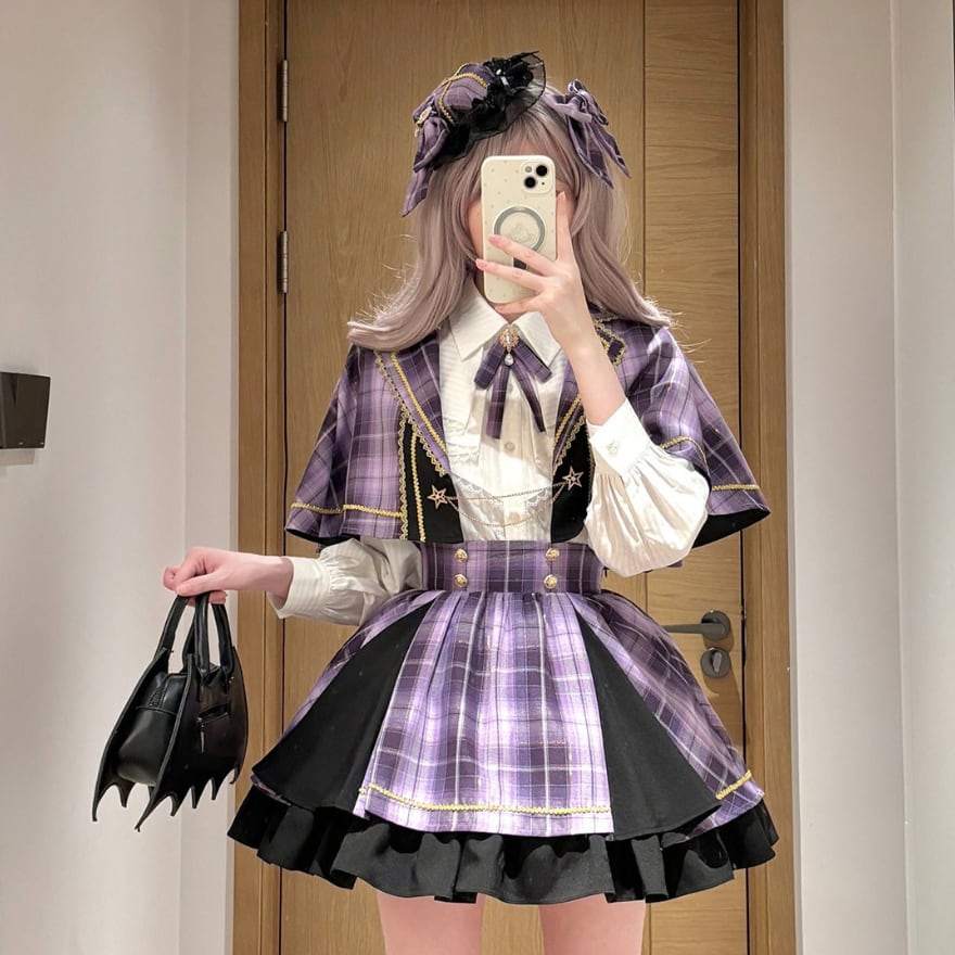 キラキラチェック柄のアイドルステージ衣装3点セット|パープル