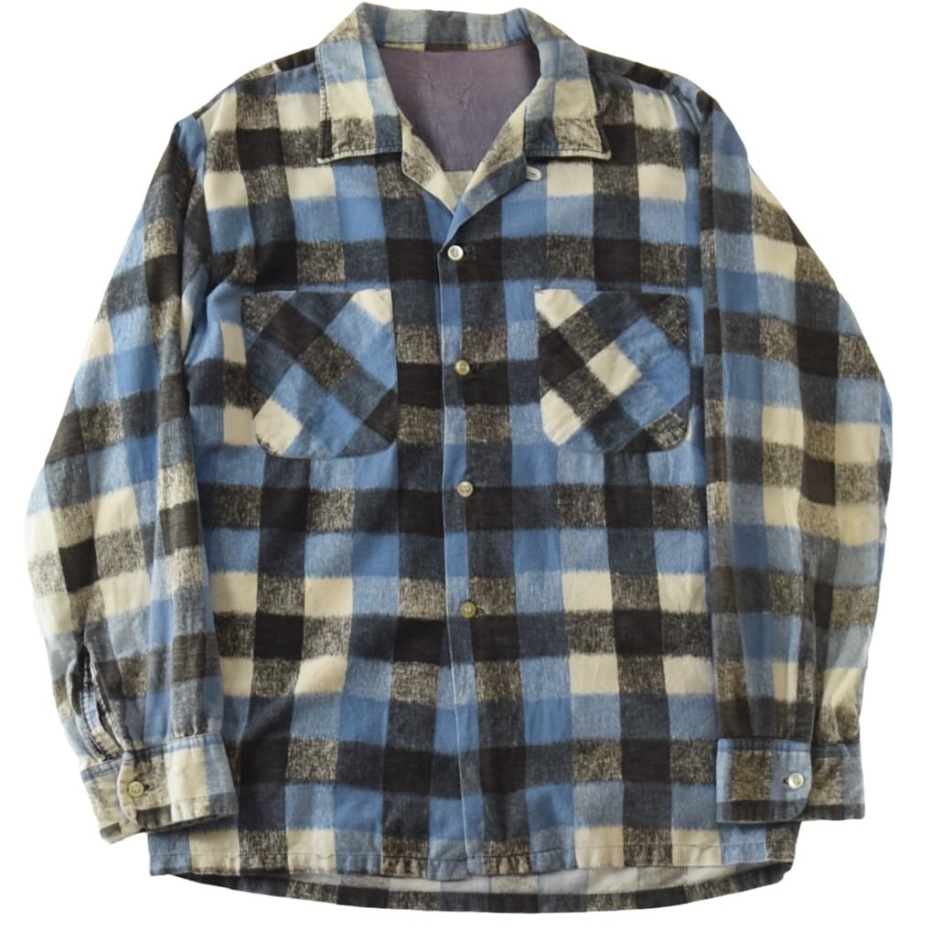 's Vintage Open Collar Print Flannel Shirt / 年代