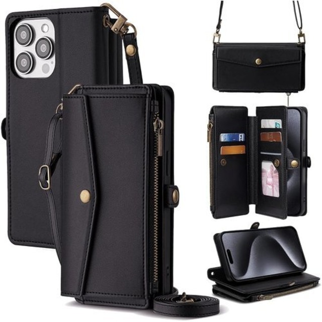 iPhone 16e ケース iPhone 16e ケース 手帳型 iPhone 16e カバー COKOVI ショルダーベルトとストラップ付き 肩掛け 首掛け 多機能 ポーチ付き カード多め収納 小銭入れ おしゃれ 可愛い 大容量財布型HYF ブラック iPhone 16e 3111