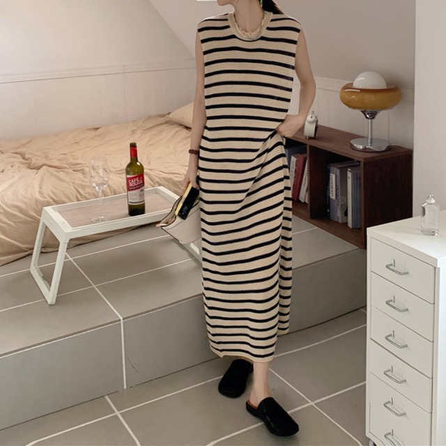 フレンチスリーブボーダーロングワンピース　11939