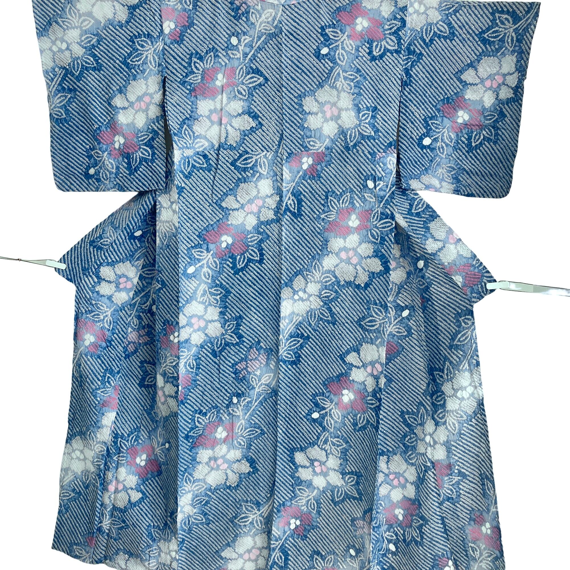 ブルーグレー 花模様 絞り 浴衣 | キモノ山猫