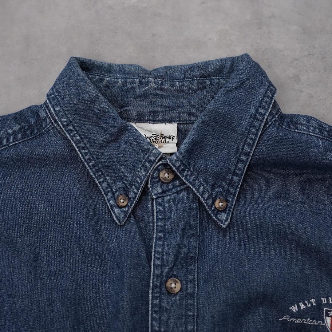 DISNEY ディズニー デニムシャツ 古着 ミッキー 刺繍 L 青 14427 | fuufu