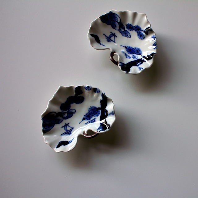 AS 染付帆かけ松　ツワの葉小付け