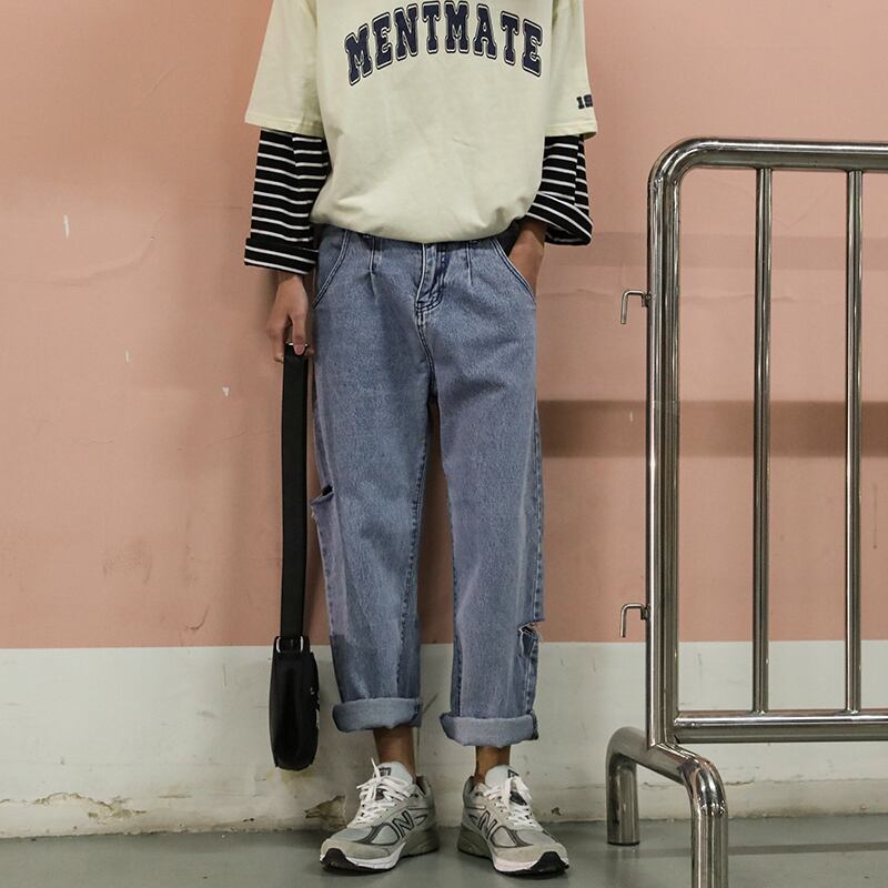 全1色 デニム パンツ ストレート カジュアル ダメージ おしゃれ