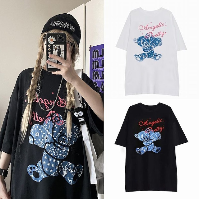 ユニセックス tシャツ ハート クマちゃん ベアー ルーズ 韓国ファッション メンズ レディース オーバーサイズ 大きめ カジュアル ストリート系 / Cashew Flower Peach Heart Bear T-shirt (DTC-641736753814)