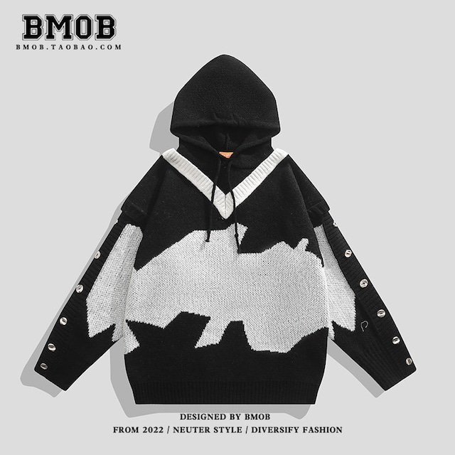 ♥拼接ぎとフードで際立つ、新たな定番！【BMOBシリーズ】★セーター★ ユニセックス ニットパーカー トップス フェイクレイヤード ブラック 黒い