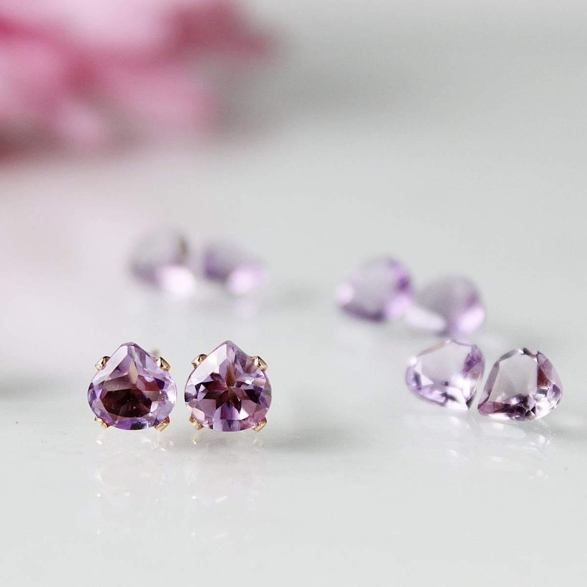 専用　ピンクアメジスト　ツイスト　宝石質　プレシャスオパール　ピアス　14kgf 大粒ピンクアメジストの花びらピアス【アジサイ】6mm 14Kgf | Bear's