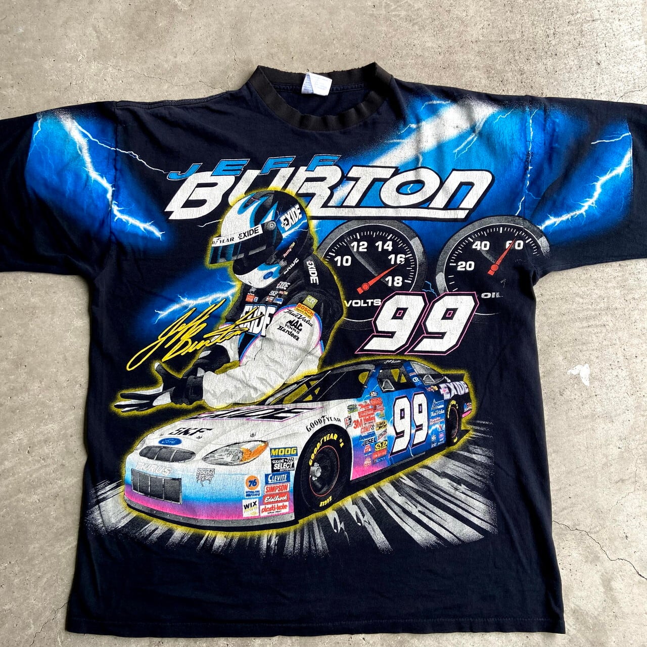 〜年代 ビッグプリント JEFF BURTON サンダー柄 レーシングTシャツ メンズXL 古着 大判プリントTシャツ s s  ビンテージ ヴィンテージ レーシングカー 車 シングルステッチ フェードブラック 黒 Tシャツ   cave 古着屋公式古着通販サイト