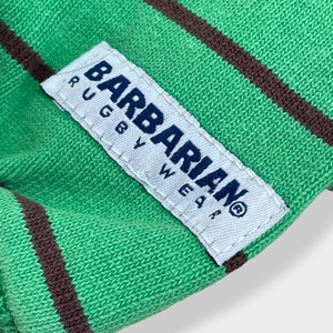 【BARBARIAN】カナダ製 ラガーシャツ 長袖シャツ ボーダー 刺繍ロゴ ワンポイント バーバリアン ライトグリーン ミント ラグビー M US古着