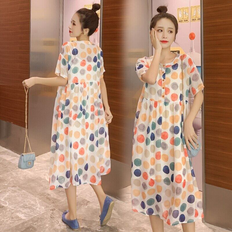 【新作】【送料無料】 1837＃スウィートドットプリントシフォンマタニティロングパーティードレス夏の薄着妊婦妊娠 大人ガーリー キュート カジュアル サマー 夏物 AL expec326187950645