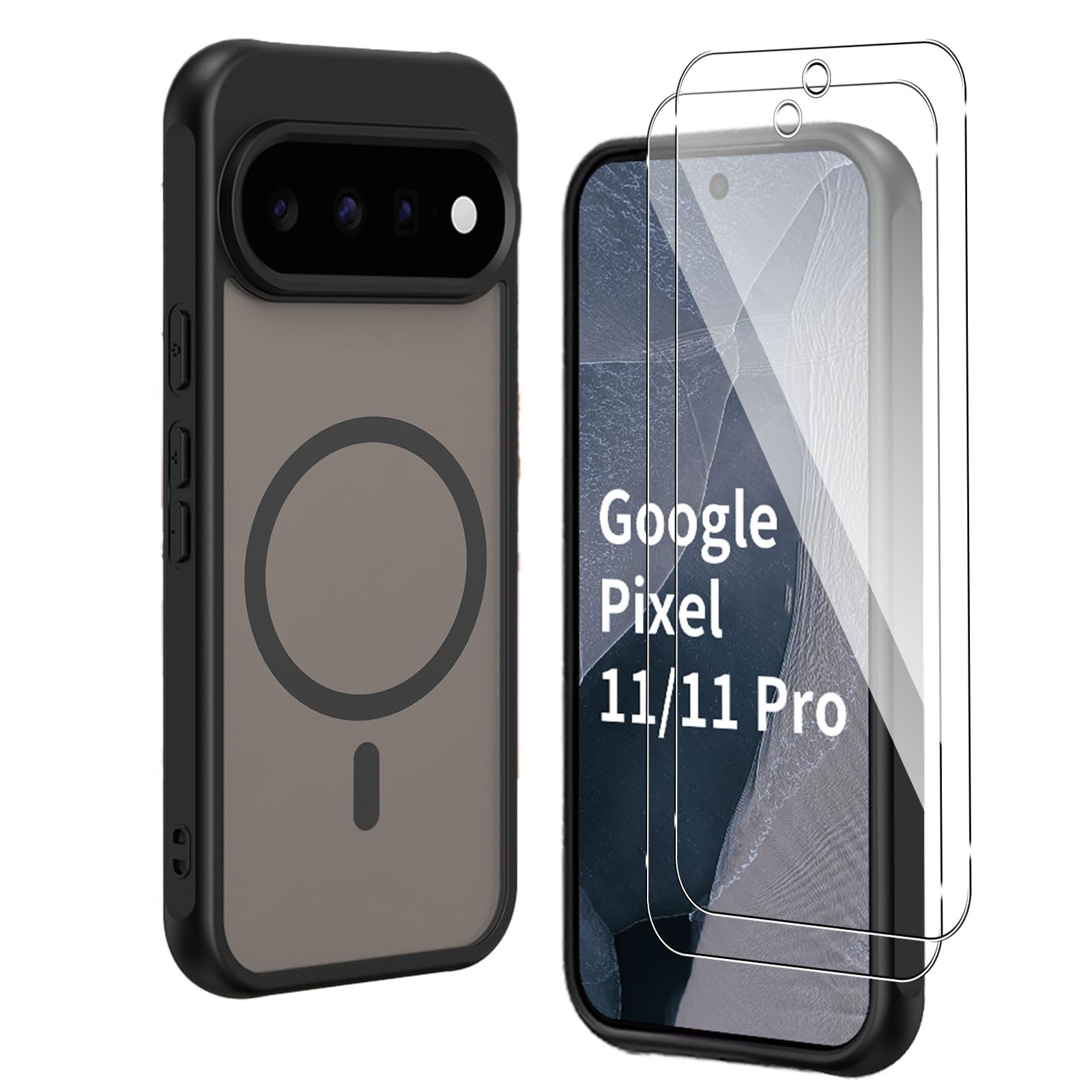 【1個+2枚セット】For Google Pixel 11/11 Pro ケース(1個·MagSafe対応)+ガラスフィルム(2枚) Pixel 11/11 Pro 対応 保護ケース Greerass ガラスフィルム付き 薄型 超軽量 耐衝撃 擦り傷防止 指紋·汚れ防止 手触り良い 着脱簡単 (ブラック)