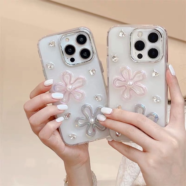 iPhoneケース iPhone14 iPhone13 クリアケース 花 オーロラ ラインストーン かわいい スマホケース おしゃれ 韓国 2597