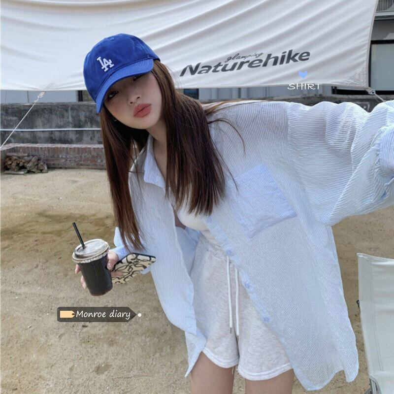 ホワイトストライプ薄手シャツ ジャケット サマートップス ロング 夏物 モンロー34719722407