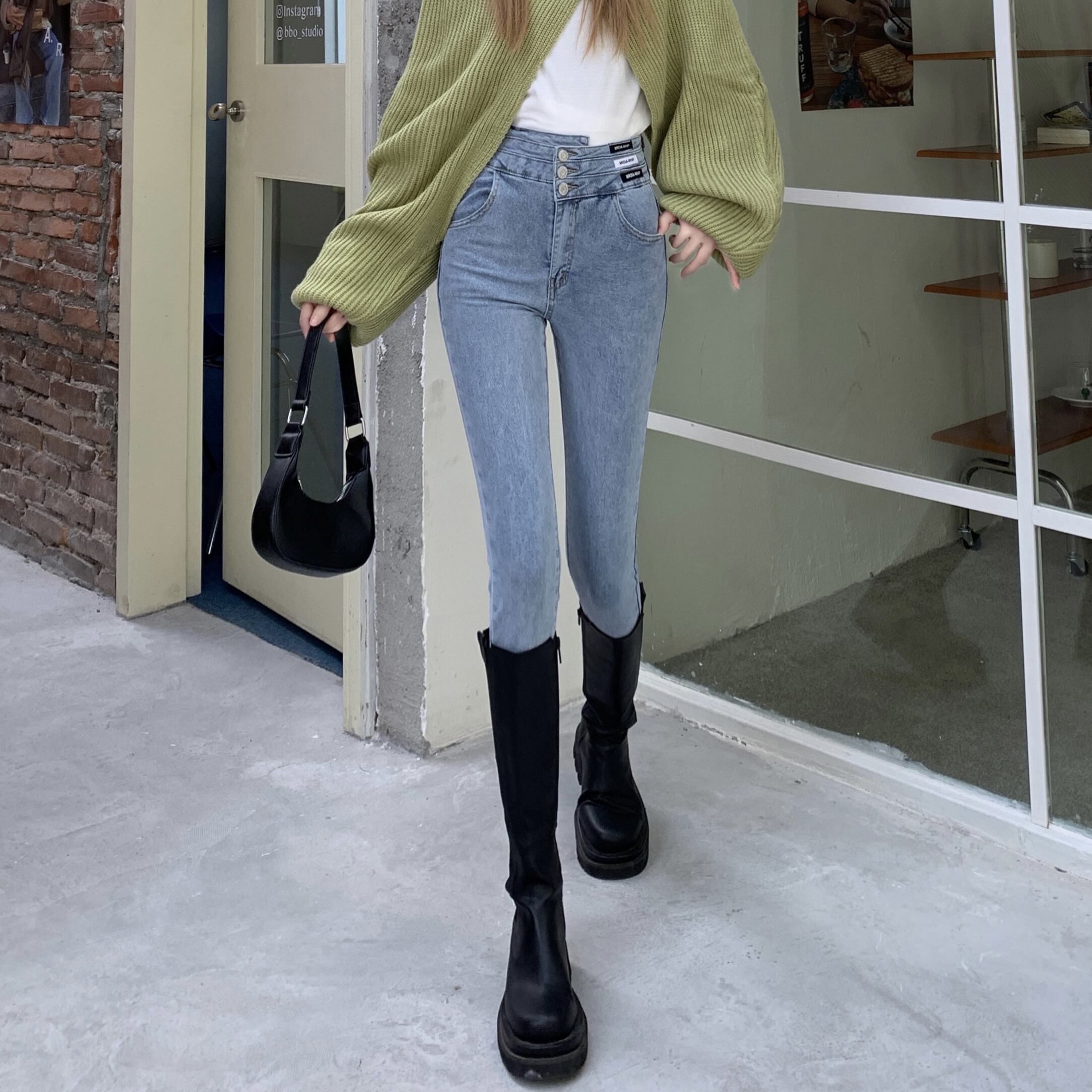 ジーンズ オータムウィンターハイウェスト薄手ストレッチパンツ エラスティック 伸縮 秋物 冬物 1号婦人80802692883