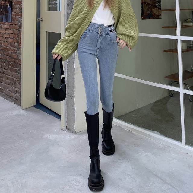 ジーンズ オータムウィンターハイウェスト薄手ストレッチパンツ エラスティック 伸縮 秋物 冬物 1号婦人80802692883