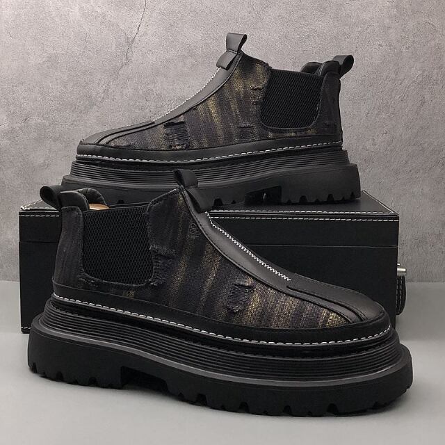 【予約販売】ブーツ メンズ デニム生地 厚底 靴 デザイン フォーマル モード ベージュ/ブルー/ブラック クラシカル お洒落 カジュアル シック パーティー 結婚式 24cm/24.5cm/25cm/25.5cm/26cm/26.5cm