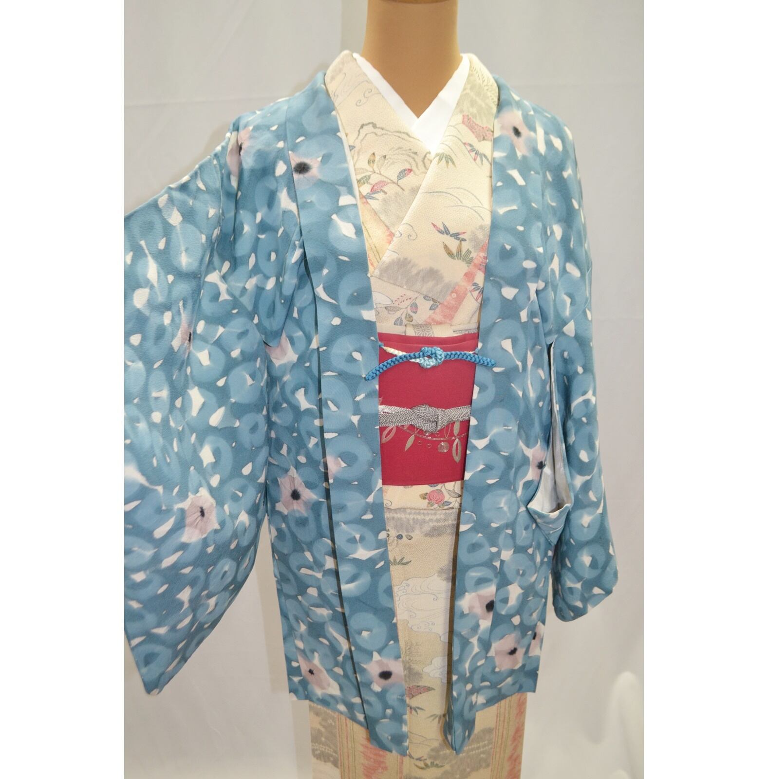 羽織】水色の水彩画風☆ピンクの絞り柄【美品】 | アンティーク着物