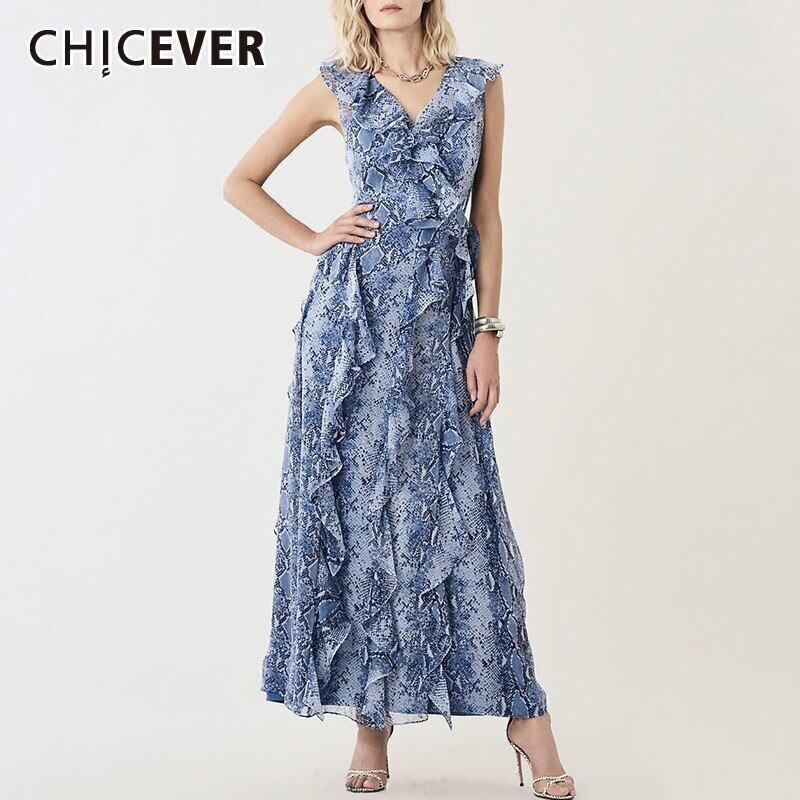 CHICEVERプリントノースリーブレディースドレスVネックオフショルダーフリルウエスト足首丈ドレス2020年夏タイド ラッフル サマー 夏物 6base556830635617