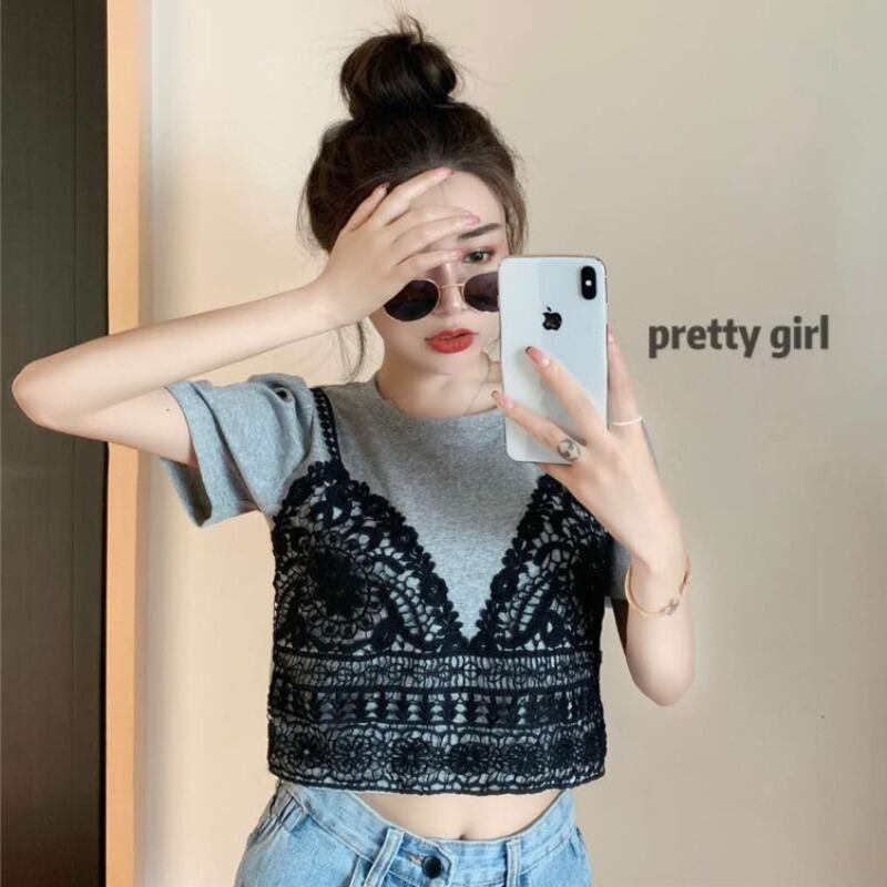 レースTシャツ ラウンドネックスリーブショートブラウス レディース Oネック ステッチ ハンチェンe64042922092