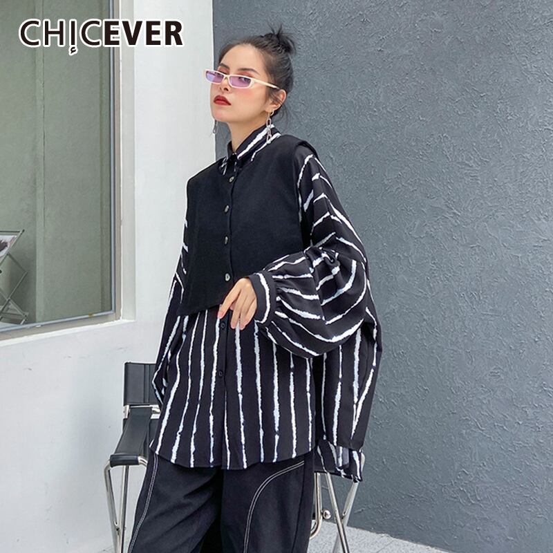CHICEVERツーピースセットレディースラペル長袖ストライプシャツ、ブラックニットベストオーバーサイズセット2020タイド ロング 6base546742251634