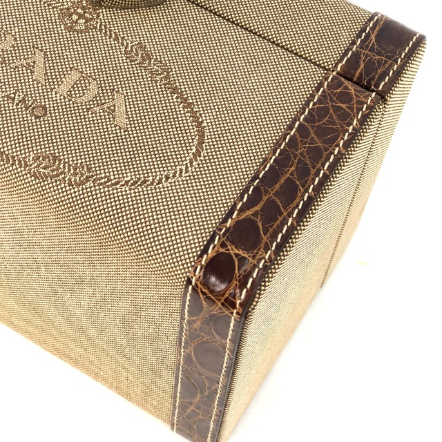 PRADA プラダ　バニティバッグ　ミニバッグ　ジャガード　クロコ型押し　ハンドバッグ　ベージュ×ブラウン　vintage　ヴィンテージ　g8pf83