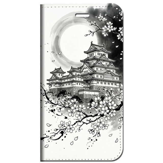 iPhone対応 スマホ 手帳型ケース 墨絵 城 桜 満月 日本 風景 城 桜 満月 和風 和柄 伝統美 山水画 和モダン Sumi-e Silhouette Art 【iPhone17 / iPhone16e / iPhone16 他 iPhone各機種対応】 |iajpcs01