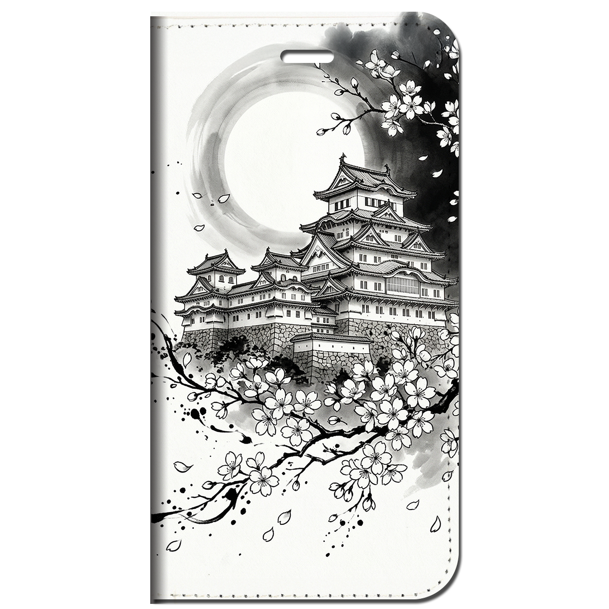 iPhone対応 スマホ 手帳型ケース 墨絵 城 桜 満月 日本 風景 城 桜 満月 和風 和柄 伝統美 山水画 和モダン Sumi-e Silhouette Art 【iPhone17 / iPhone16e / iPhone16 他 iPhone各機種対応】 |iajpcs01