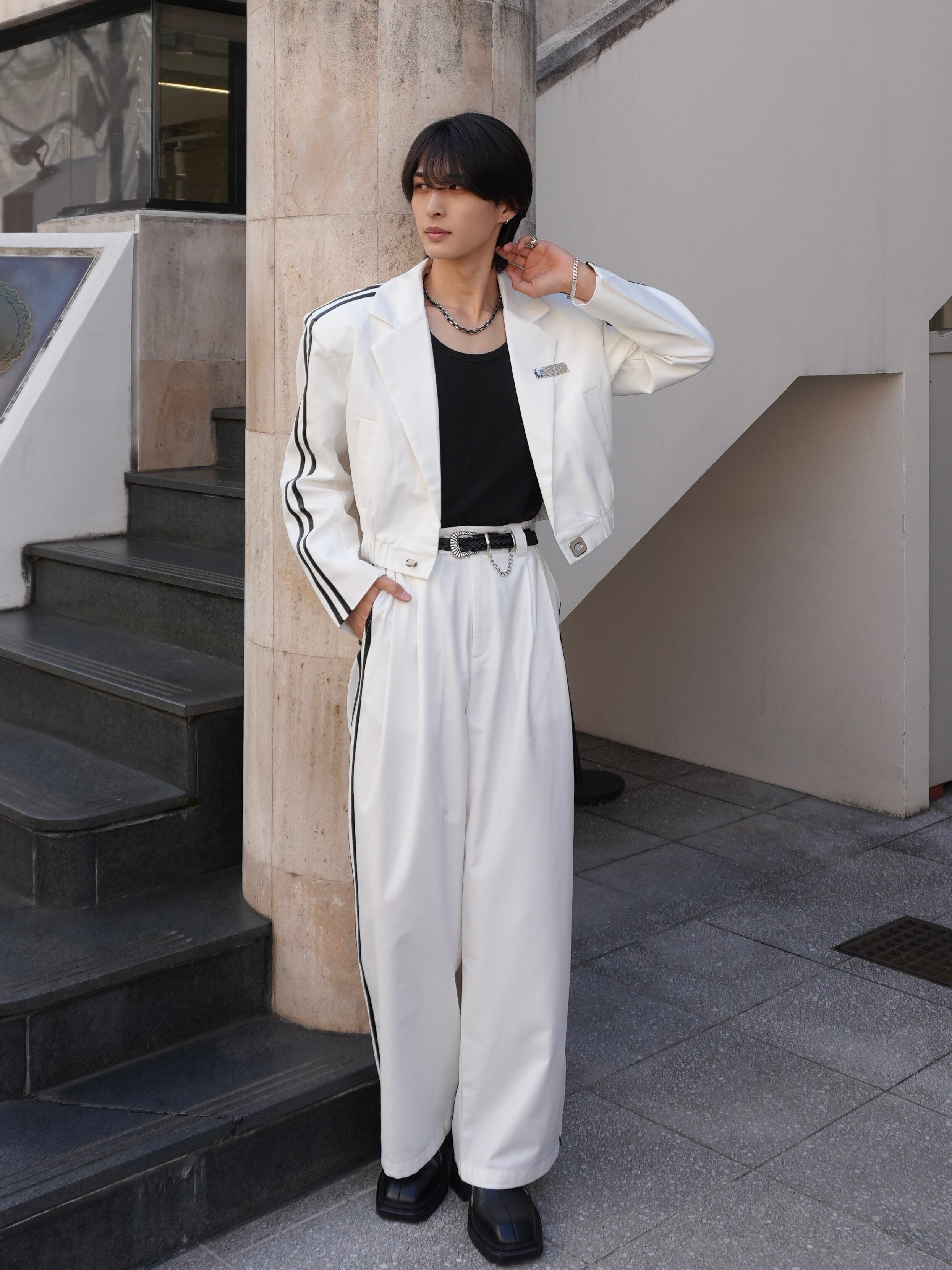 ALUDE SELECT】line short jacket set up(2color) | 【ALUDE】韓国