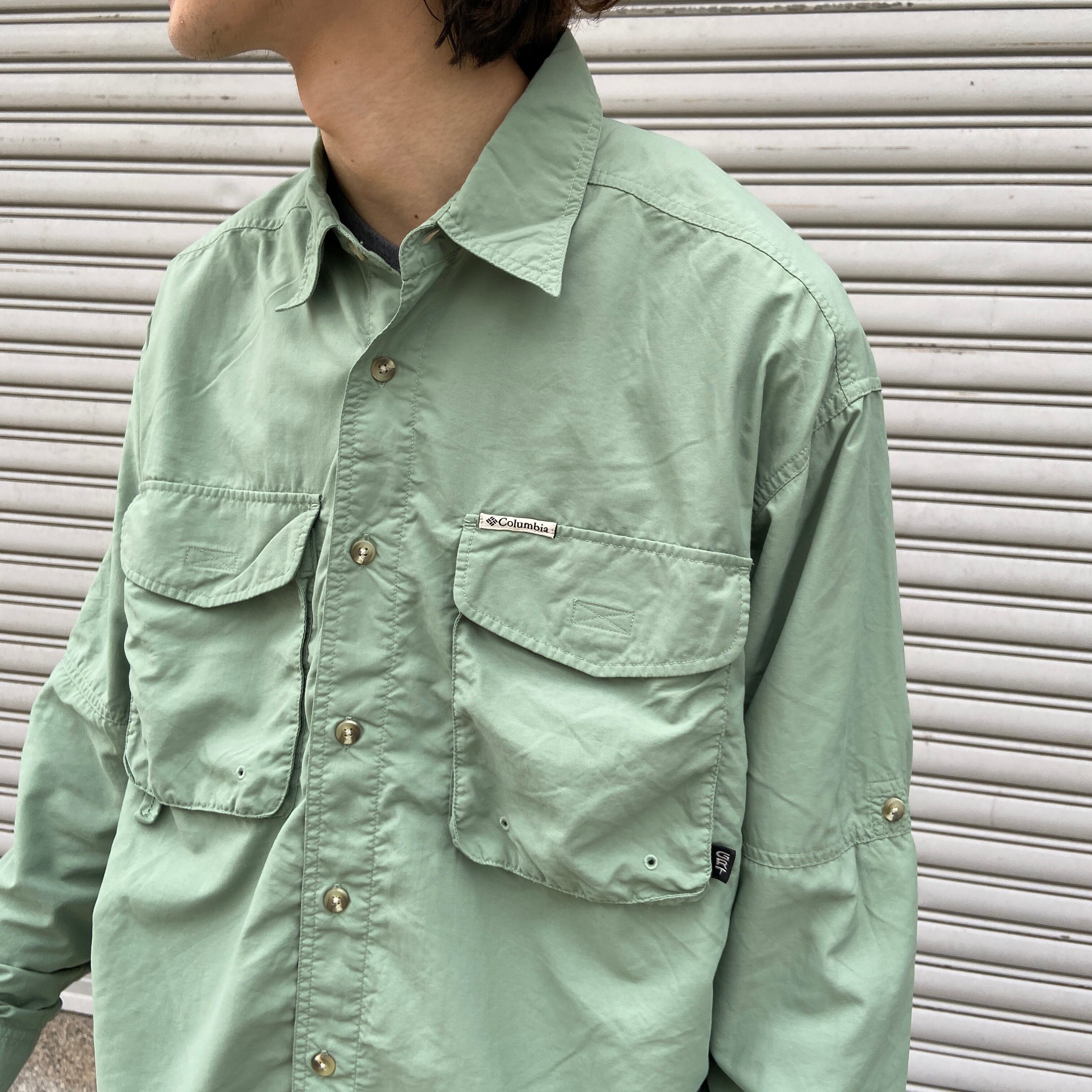 送料無料』90s Columbia GRT ナイロンアウトドア長袖シャツ グリーン系 