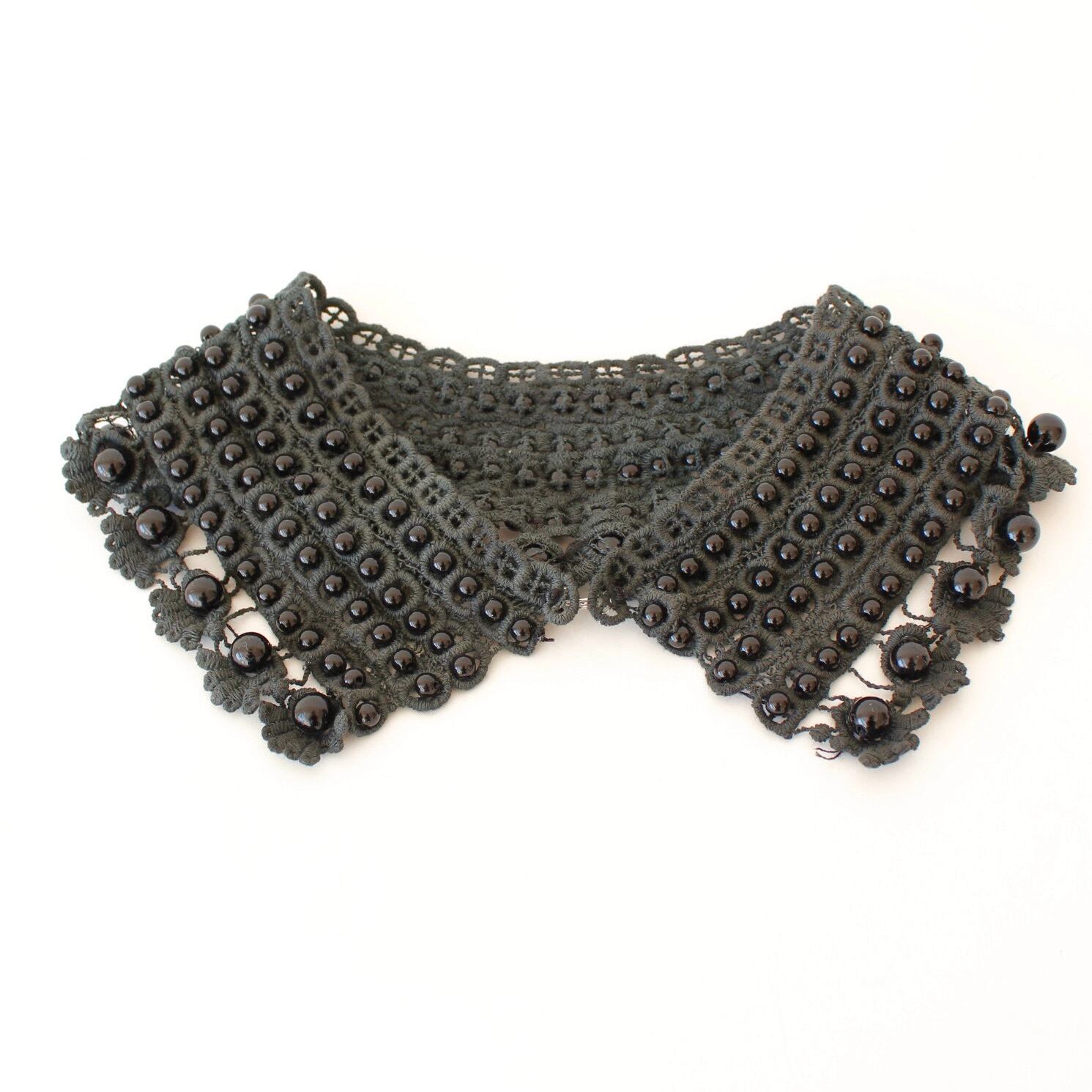 ブラックビーズ付クロシェ編み付け襟FRANCE：STR-7081 ¥6.800＋tax