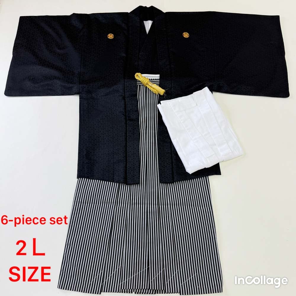紋付袴 6点セット 着物 羽織 袴 長襦袢 羽織紐 角帯 裄76.5cm 袴丈92cm 2L 黒 五つ紋 中古 4490
