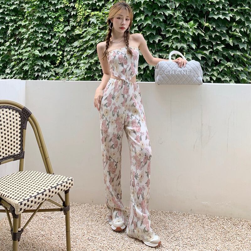 トップス ハイウェストウェスト薄手カジュアルパンツ スタンダードフローラルサマー レトロ 夏物 花柄 ピュア ガールズファッション75255349496