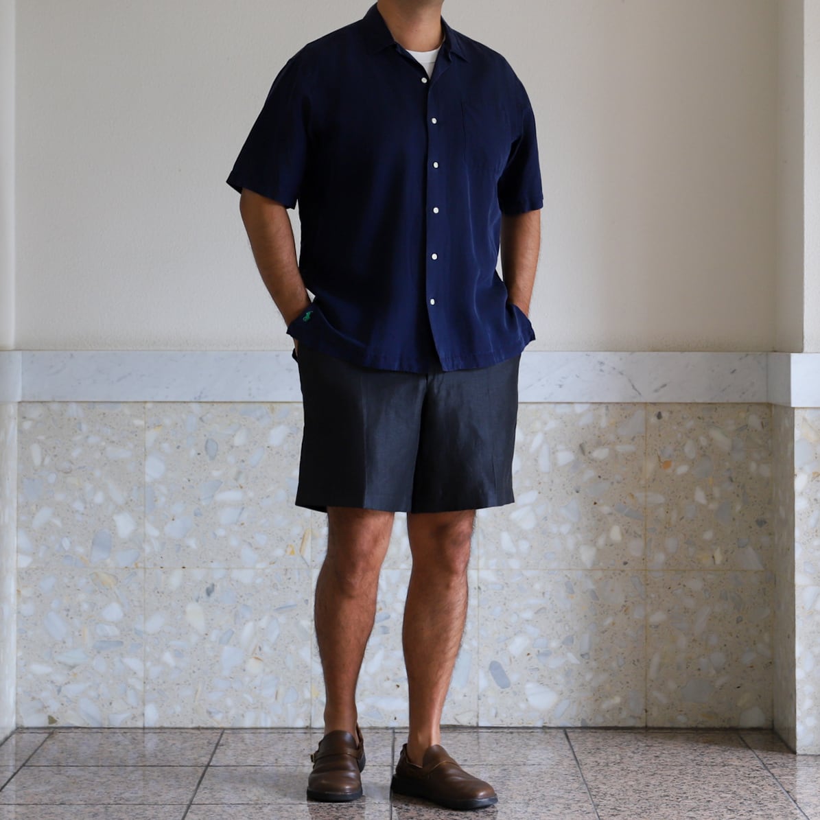 極美品】90s Ralph Lauren special silk linen open collar shirt