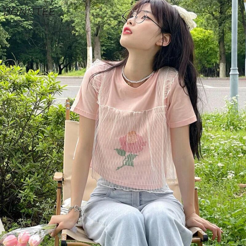 【新作】【送料無料】 Tシャツ女性パッチワーク甘いシンプルな人格作物オル創造性フェイク 2 枚夏の女の子オールマッチデザインストレート 0227442522127