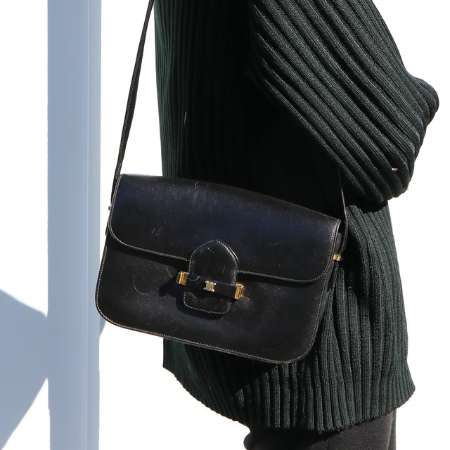 CELINE マカダム ショルダーバッグ レザー ブラック セリーヌ