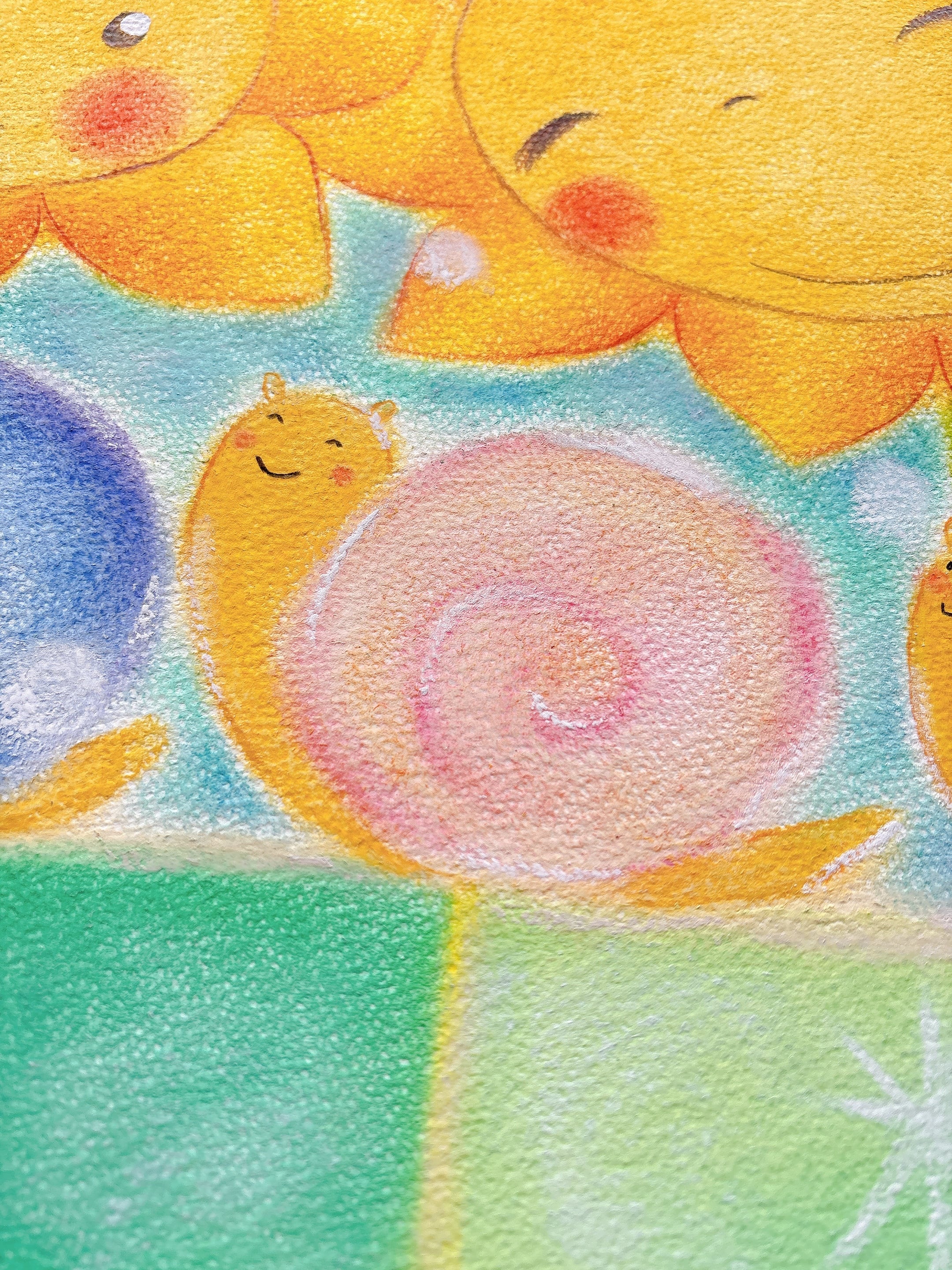 一点物原画 【ひまわりとかたつむりの絵】パステル画 優しい絵