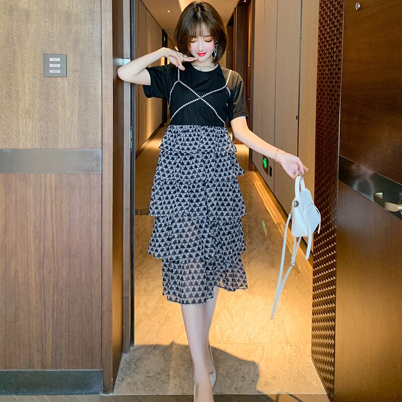 ラウンドネックTシャツ ウェストプリントスカート ドレス サマー 夏物 Oネック MIUCO45905499408