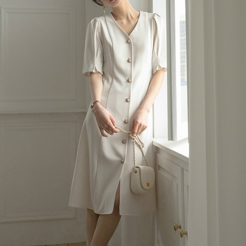 フロントボタン　Vネック　ロングワンピース　２color　