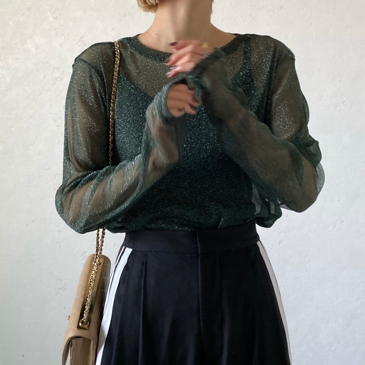 glitter sheer crewneck tops/green