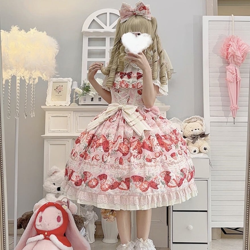 甘ロリ 苺柄フリルジャンスカ・ヘアドレスリボン・ブラウス付き 2丈展開 ピンクお茶会向け