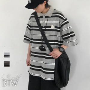 【韓国メンズファッション】ボーダー半袖ポロシャツ マルチボーダー 襟付き レトロ ゆったり ユニセックス BW2194