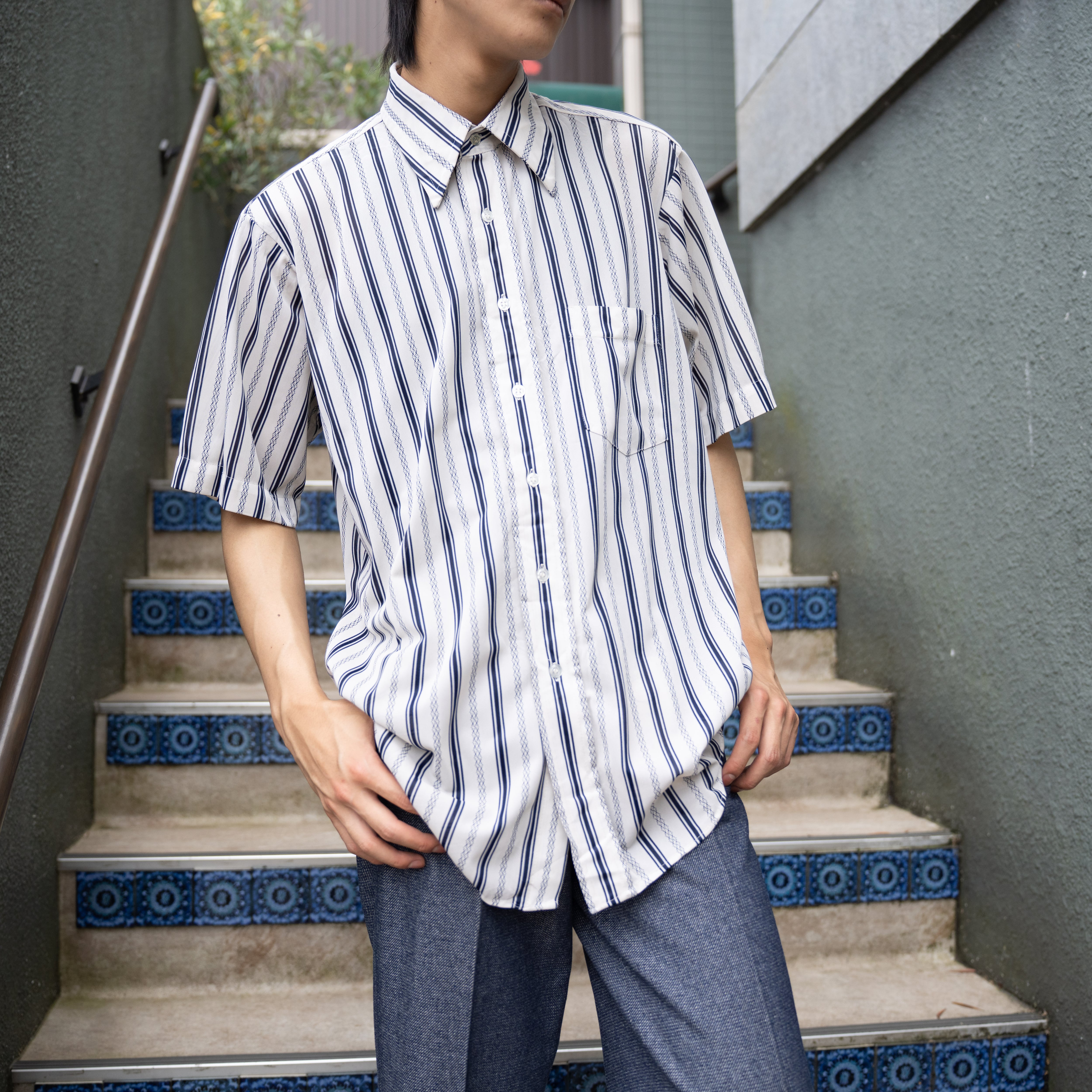 70's USA VINTAGE Arrow HALF SLEEVE STRIPE PATTERNED SHIRT/70年代