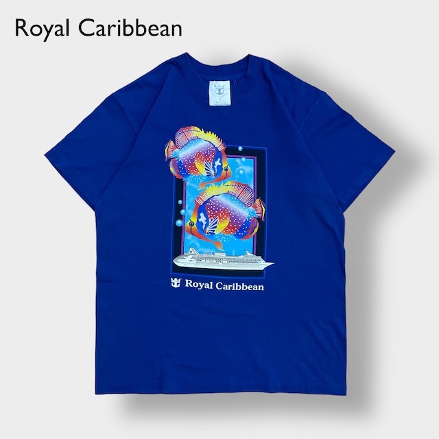 【Royal Caribbean】90s パナマ製 企業系 クルーズ船 プリント Tシャツ ロイヤルカリビアン 熱帯魚 L ブルー シングルステッチ ヴィンテージ US古着