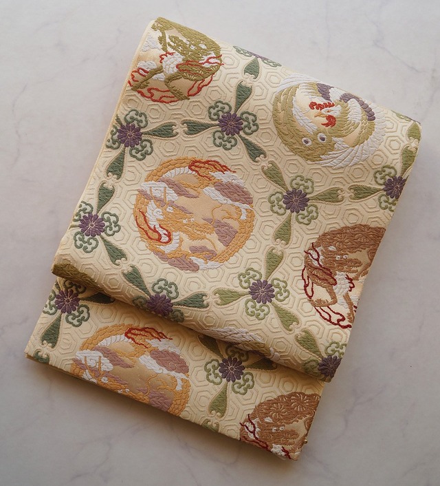 【ふくろ帯】生成り地　亀甲文丸文に鳳凰と龍神　ふくろ帯