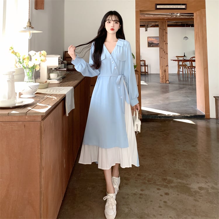 ロングワンピース レディース ワンピース 長袖 vネック