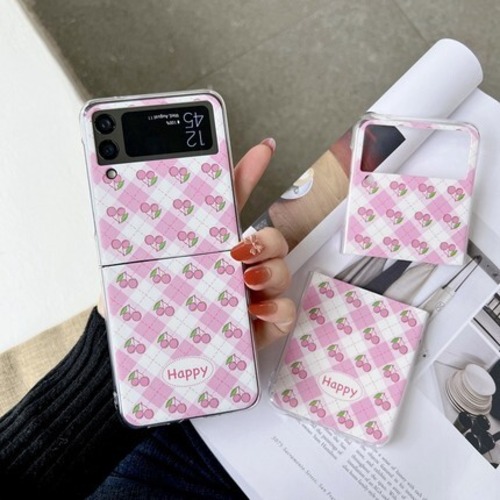 Galaxy Z Flip3 5Gカバー スウィート チェリー お洒落チェック柄 ギャラクシーフリップ3カバー チェック柄 さくらんぼ 可愛い